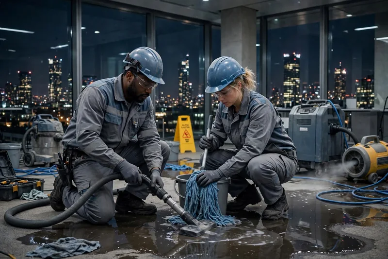 Two workers in hard hats and safety glasses removing water from a wet concrete floor with a wet vacuum and a mop, with air movers and a dehumidifier behind them