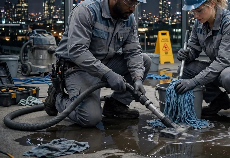 Two workers in hard hats and safety glasses removing water from a wet concrete floor with a wet vacuum and a mop in a large office at night