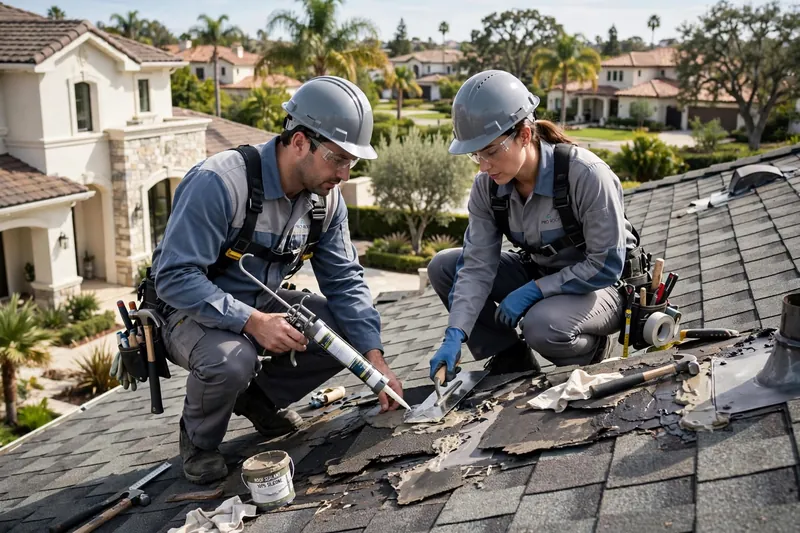 Two workers in hard hats, safety glasses and harnesses kneeling on a shingle roof, one holding a sealant gun, with a large house and palm trees behind them