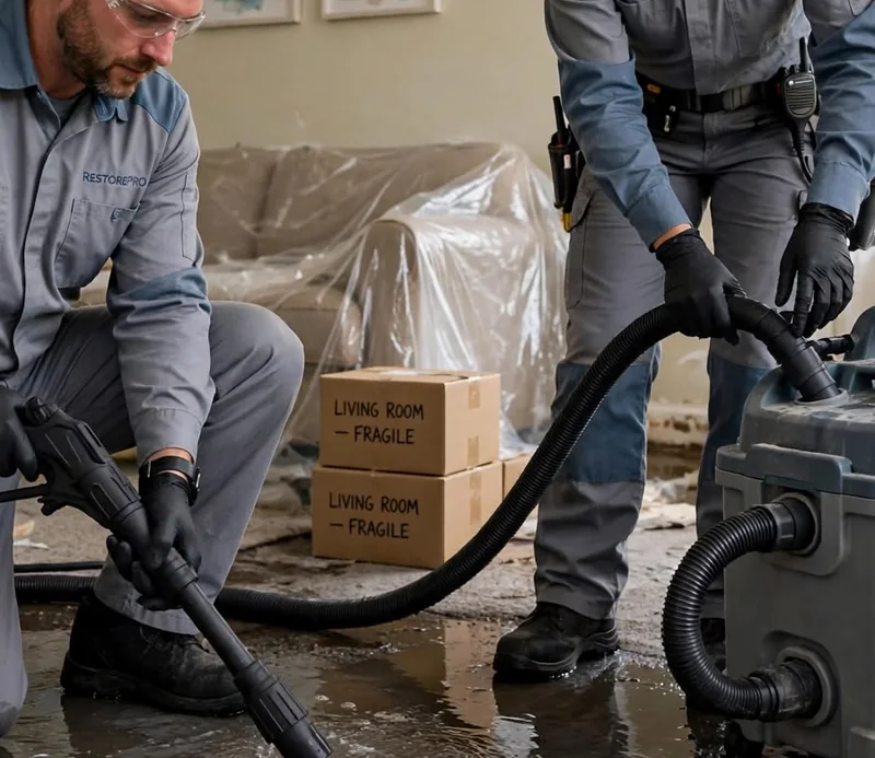 A technician in a gray uniform using an extraction wand on a wet floor beside a plastic-covered sofa and boxes marked Living Room Fragile
