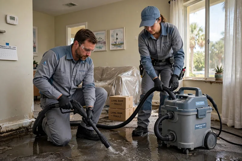 Two technicians in gray and blue uniforms using a hose and a wet vacuum to remove water from a flooded living room floor