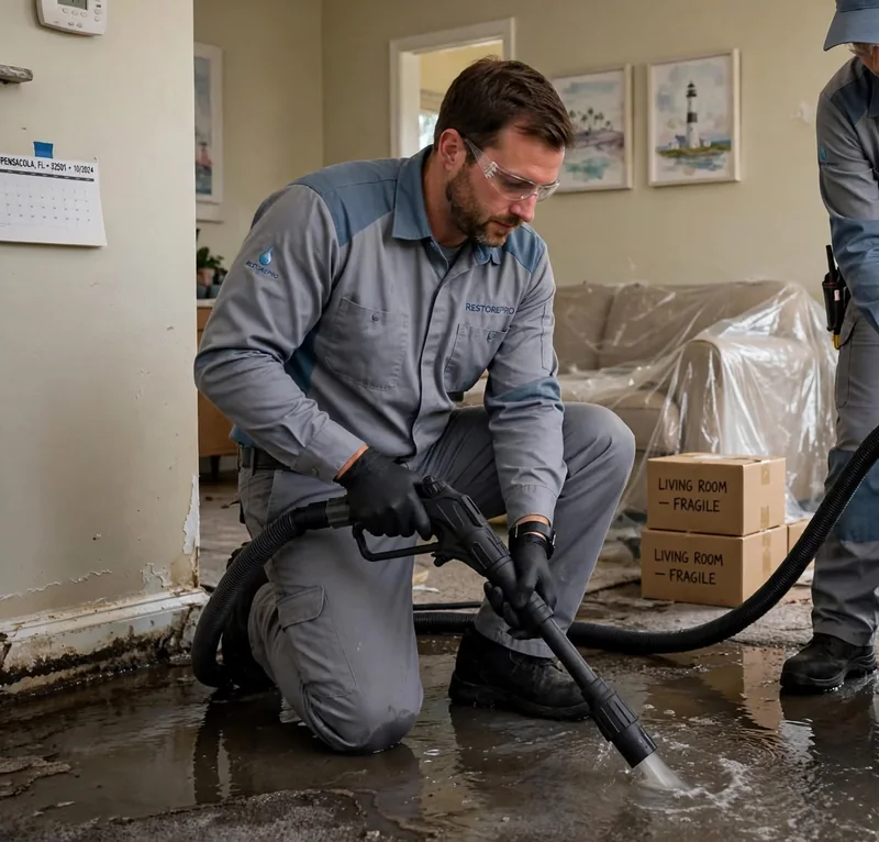 A technician in a gray and blue uniform and safety glasses kneeling on a wet floor and spraying water with a hose while a wet vacuum sits beside him