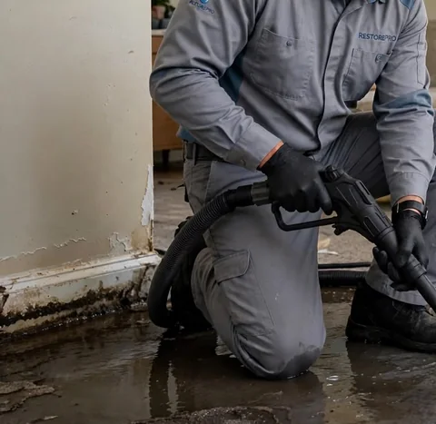 A technician in a gray uniform kneeling on a wet floor beside a stained wall and baseboard, holding an extraction wand with a black hose