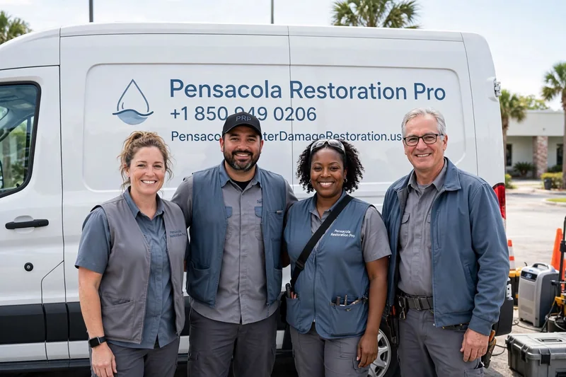 Four people in gray and blue work clothes standing in front of a white Pensacola Restoration Pro van parked on a street lined with palm trees