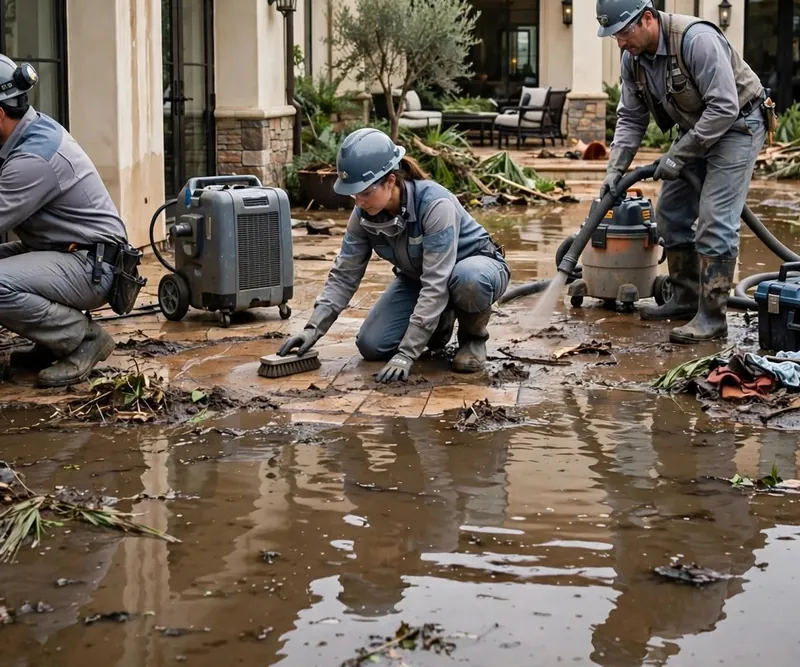 A worker in a hard hat crouching in muddy floodwater and scrubbing the patio while another uses a wet vacuum behind her