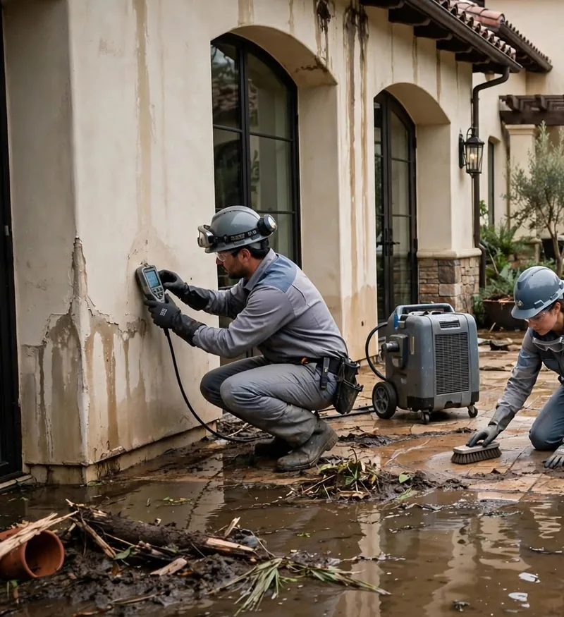 A worker in a hard hat with a headlamp crouching against a water-stained stucco wall outside a house, with a gray dehumidifier beside him