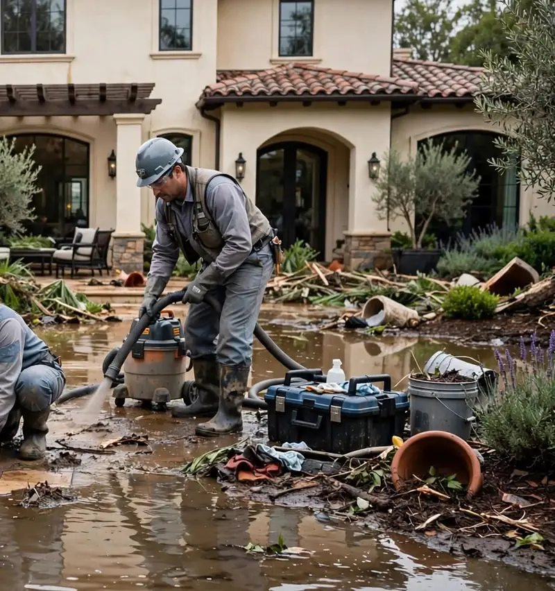 A worker in a hard hat and rubber boots using a hose and a wet vacuum to clear muddy floodwater from a patio, with equipment cases beside him