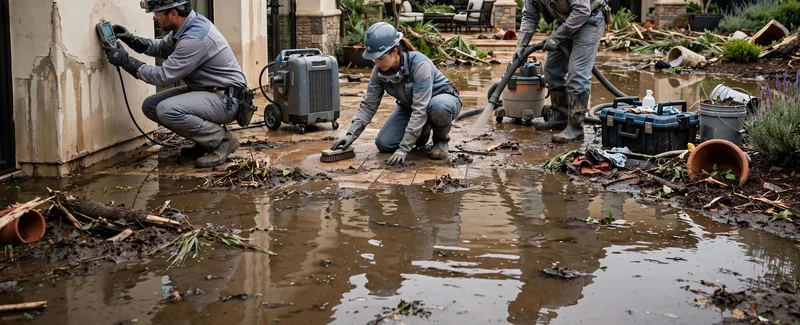 Workers in hard hats and boots cleaning mud and standing water from a patio outside a stucco house after a storm